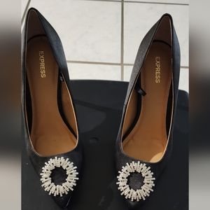 Express black heels with rhinestone decal